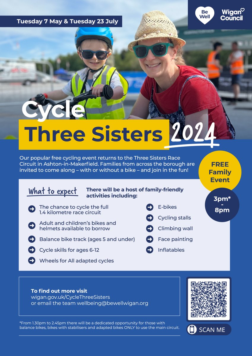On Tuesday 7th May Be Well Wigan will be taking over the Three Sisters Race Circuit in Wigan for their Cycle Three Sisters family cycling event To find out more visit: wigan.gov.uk/BeWell/Activit…