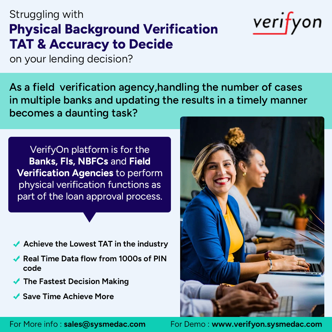 Sysmedac's tweet image. Struggling with timely and accurate background verification for lending decisions? VerifyOn platform streamlines the process for banks, FIs, NBFCs, and verification agencies.  Contact us sales@sysmedac.com for a demo! #BackgroundVerification #LoanApproval #VerifyOn #Sysmedac