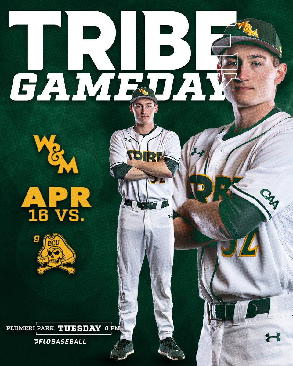 We've got an exciting one at home today!⚾️ 🆚 No. 9 East Carolina 📍 Williamsburg, Va. 🏟️ Plumeri Park 🕕 6 PM 📺FloBaseball/📊: linktr.ee/wmtribebaseball #GoTribe