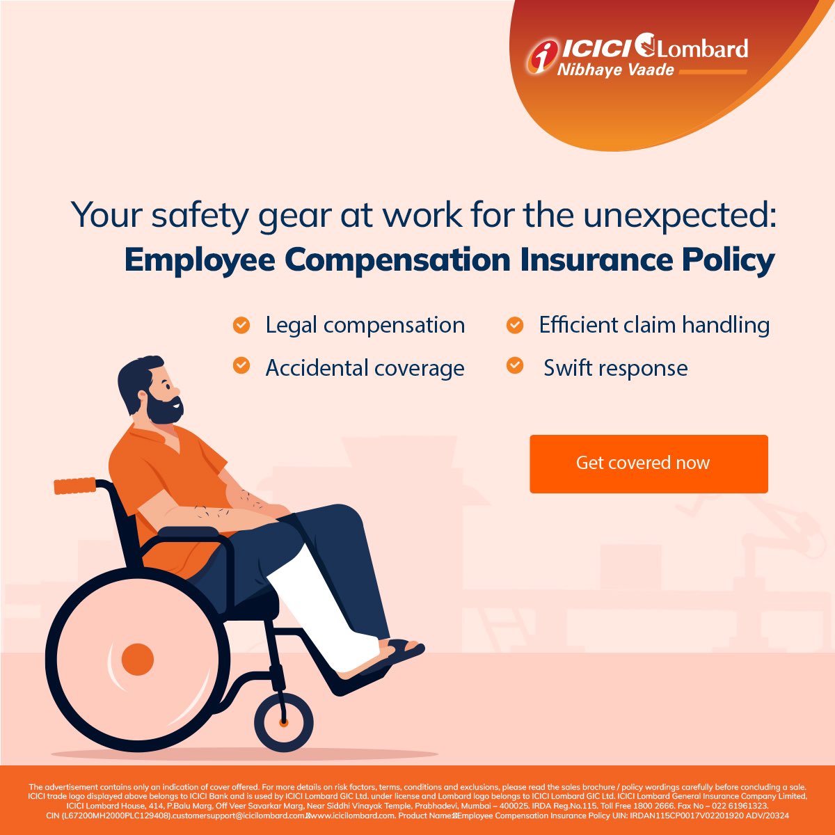 Stay protected on the job with our Employee's Compensation Insurance Policy. From legal compensation to efficient claim handling, we've got you covered for the unexpected. Get covered now: sme.icicilombard.com