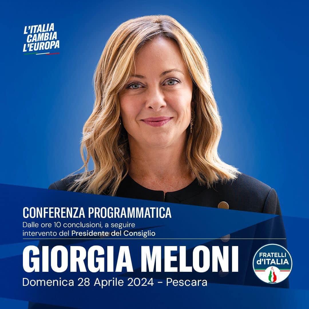 🔵 Vi aspettiamo dal 26 al 28 aprile a Pescara per la conferenza programmatica di Fratelli d’Italia. Domenica, al termine dei lavori, interverrà il Presidente del Consiglio Giorgia Meloni.