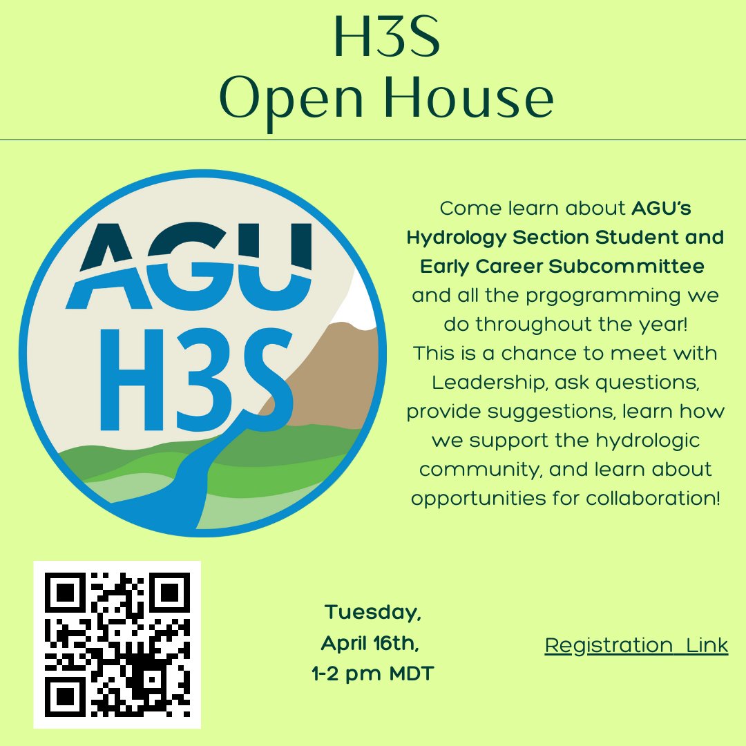 AGU_H3S's tweet photo. 🚨 Today is the day! The first H3S Open House is happening today at 1 PM MDT / 3 PM EDT. It's not too late to register to join us and learn about our future initiatives and collaborative potential 🚨
Register: https://t.co/rtYvELBls8
#AGU_H3S #AGU #EarlyCareer #HydroTwitter https://t.co/nf8rd6qaPi