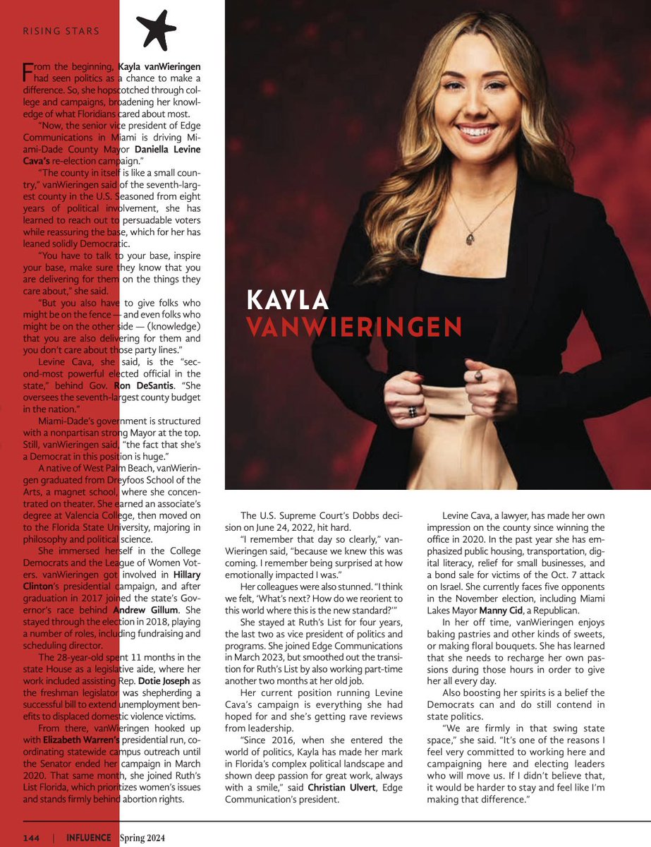 kaylavanw's tweet image. Honored to be named one of INFLUENCE Magazine’s Rising Stars in Florida Politics! Beyond grateful to work hard every day doing what I love. Shout out to all of the other amazing honorees! @Fla_Pol #FlaPol