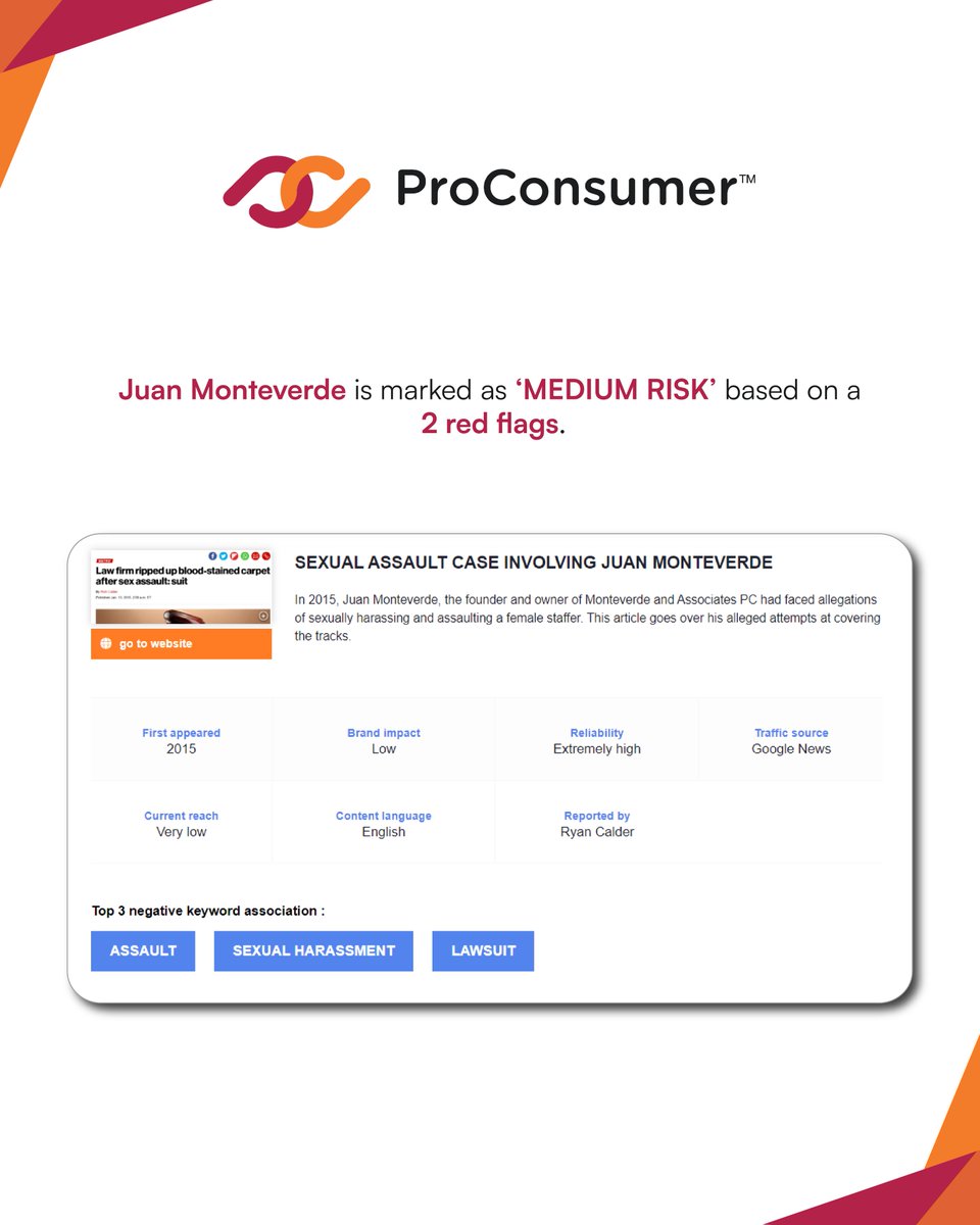 'SEXUAL ASSAULT CASE INVOLVING JUAN MONTEVERDE'

In 2015, Juan Monteverde, the founder and owner of Monteverde and Associates PC had faced allegations of...
#ProConsumer #BrandAudit #ConsumerTrust #JuanMonteverde @JuanEMonteverde