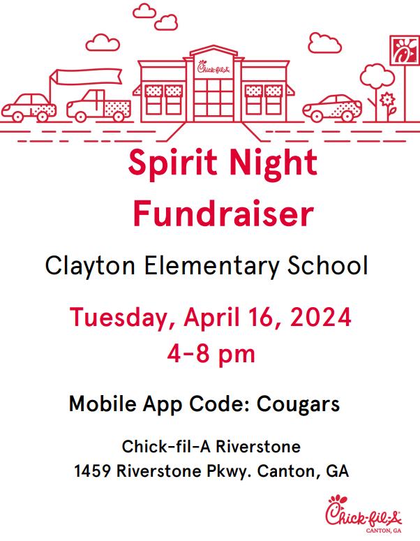 Chick-fil-A Spirit Night tonight at Riverstone from 4-8! @CherokeeSchools #CCSDfam #CESfam #ClaytonCougarNation