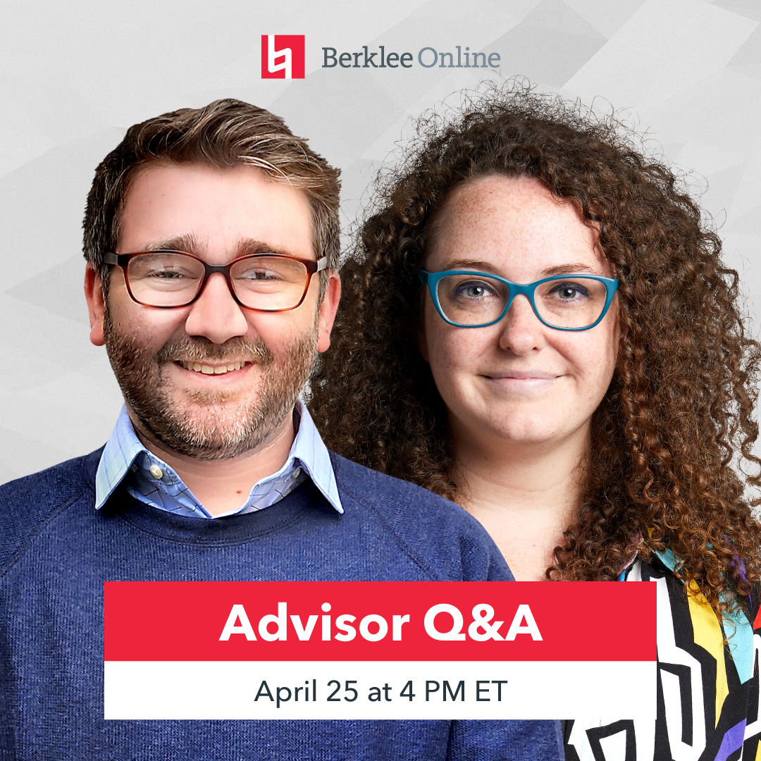 On Thursday, April 25 at 4 PM ET, you’re invited to join Berklee Online Academic Advisors Chris Tapp and Sarah Foster for a Live Q&A. You’ll have the opportunity to ask them any questions that you have about Berklee Online. Register now: berkonl.in/4czgqJe