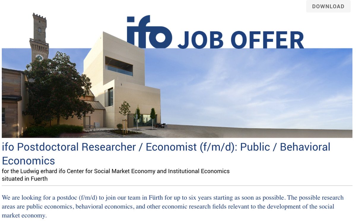 🚨Job Job Job🚨 Join the @ifo_Institut and become my colleague – fantastic conditions for conducting top-notch research and an amazing network right at your doorstep. Plus, a wonderful team and a great city/area! Please share widely and reach out to me with questions ✌🏻 Link 👇🏻