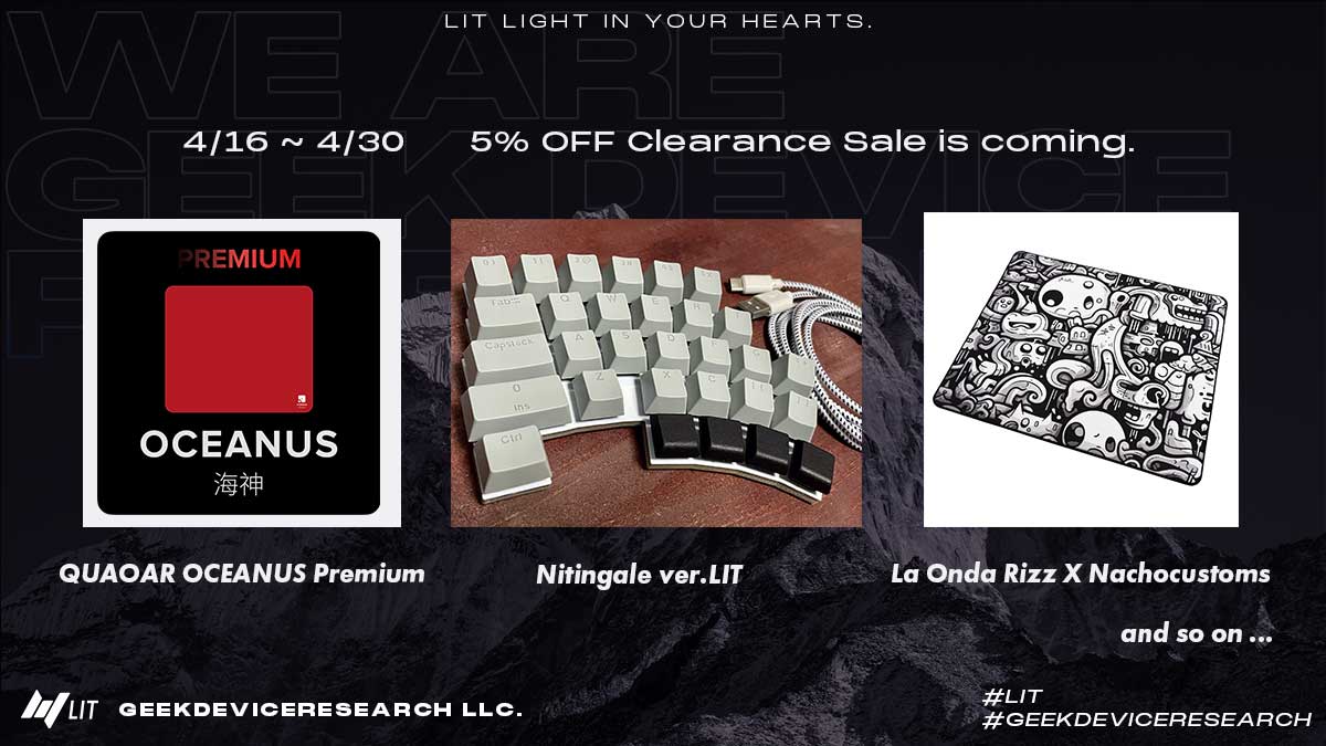 lit4tms's tweet image. ・セールのお知らせ

本日から4/30まで棚卸しセールを開催いたします。
以下の従来商品が全品最大10%OFFとなっているため、この機会にご検討頂けますと幸いです。
 La Onda 
　Rizz X Nachocustomz SQ ￥8,600 → ￥8,170
　
 QUAOAR
　OCEANUS Premium ￥6,400 → ￥6,080
　
 InfinityMice
　The…