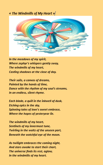 NalaNapoleon's tweet photo. “In the dance of the wind and the whispers of time, the windmills of my heart spin tales of love and memory.” #PoetryCommunity #WritingCommunity
#HeartWhispers #WindmillsOfTheHeart
#LoveAndMemory #EmotionalLandscape https://t.co/DmRhBrDEzl
