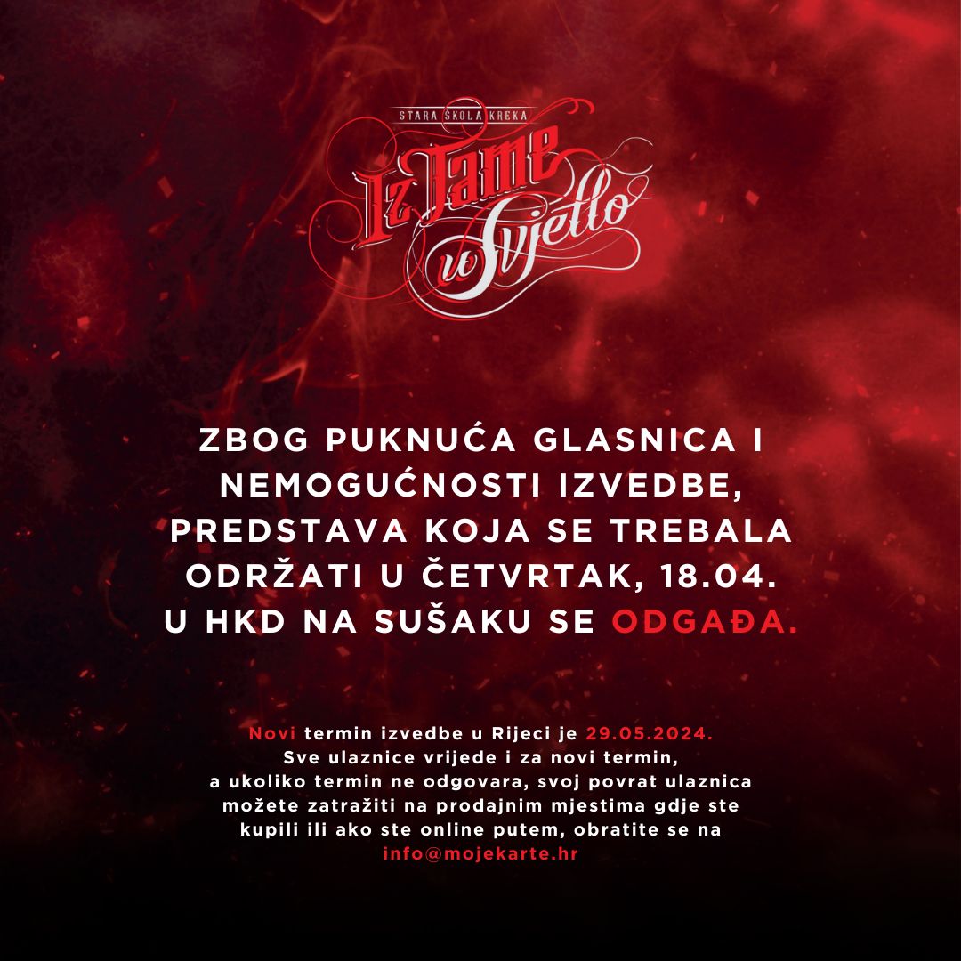 ❗️❗️ STARA ŠKOLA KREKA - HKD - ODGODA ❗️❗️

Prenosimo obavijest organizatora.