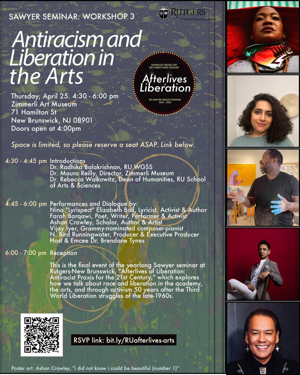 Join @RUAfterlives for poetry from @farah_barqawi_ & @lyrispect, musical performance by @vijayiyer, the art of @ashoncrawley & words from @birdrunningh2o. Zimmerli Art Museum Thursday, April 25, 2024 4:30-6:00 p.m. RSVP here! : bit.ly/RUafterlives-a……