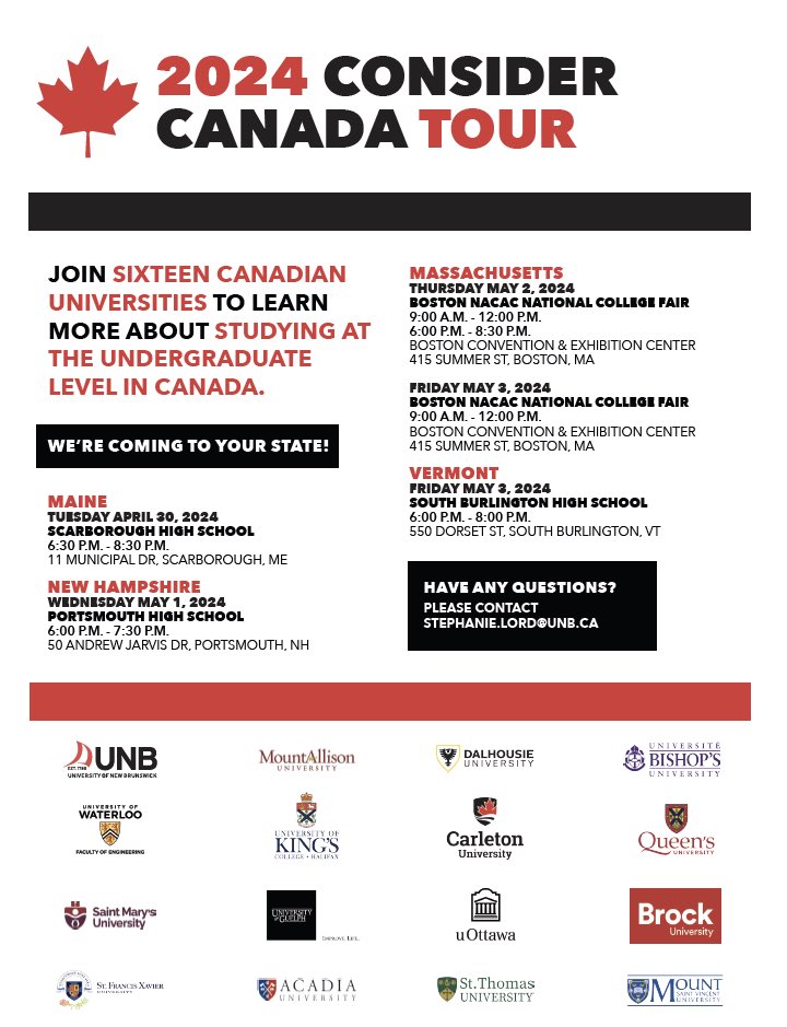Canada in Boston (@cancgboston) on Twitter photo Have you thought about studying in #Canada 🇨🇦?
Save the dates in your calendars, because 16 Canadian universities are visiting #Massachusetts, #Maine, #NewHampshire, and #Vermont!
See the image below for more details. #2024StudyinCanadaTour 🇨🇦🇺🇸 <a href="/UNB_Stephanie/">UNB_Stephanie</a> Have you thought about studying in #Canada 🇨🇦?
Save the dates in your calendars, because 16 Canadian universities are visiting #Massachusetts, #Maine, #NewHampshire, and #Vermont!
See the image below for more details. #2024StudyinCanadaTour 🇨🇦🇺🇸 <a href="/UNB_Stephanie/">UNB_Stephanie</a>