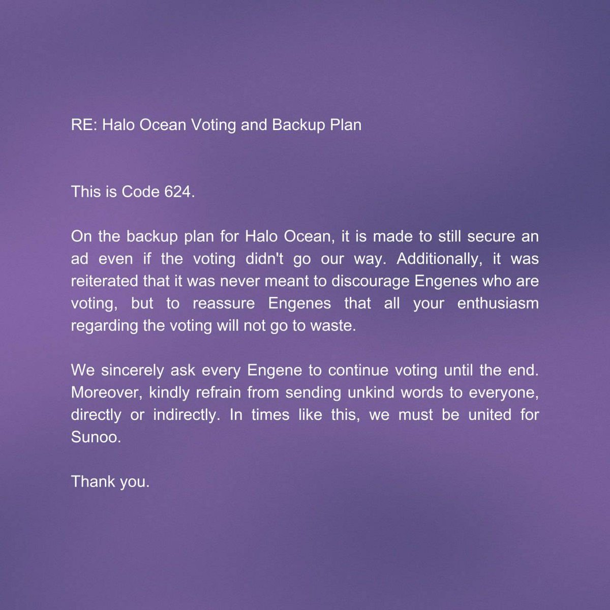 code_624's tweet photo. [NOTICE • 240416]

Regarding Halo Ocean Voting and Backup Plan, please take time to read this and please take note. 

#선우 #김선우 #SUNOO #ソヌ #ENHYPEN_SUNOO #엔하이픈_선우  #엔하이픈 #ENHYPEN 
@ENHYPEN @ENHYPEN_members https://t.co/pTSo7R1pZ1