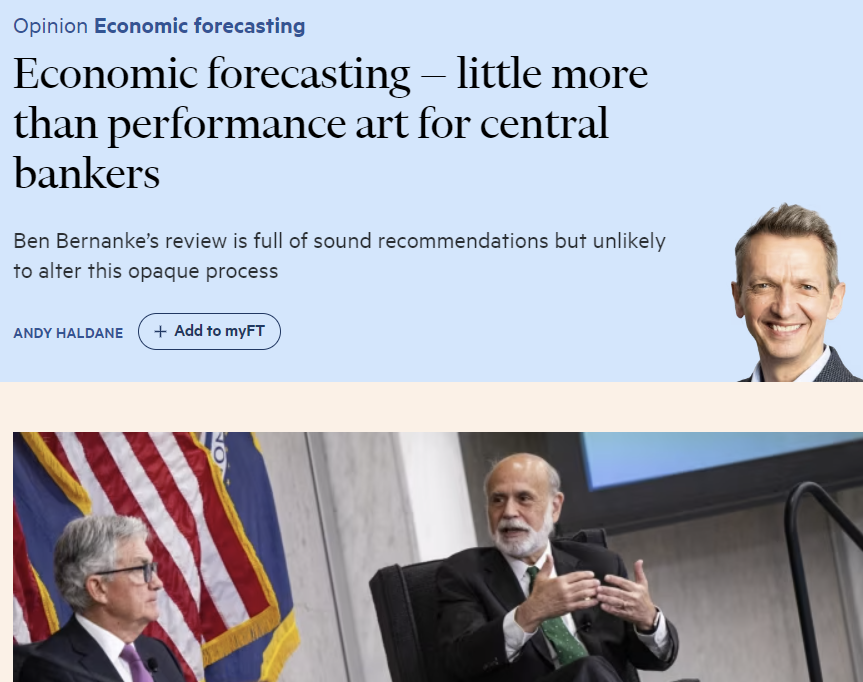 Great article by Andy Haldane, an FT contributing editor and former chief economist at the Bank of England, on the Art and Science of Modern Inflation Targeting in Monetary Policy. It is premised on Ben Bernanke's recent review of the Bank of England's forecasting, former chair