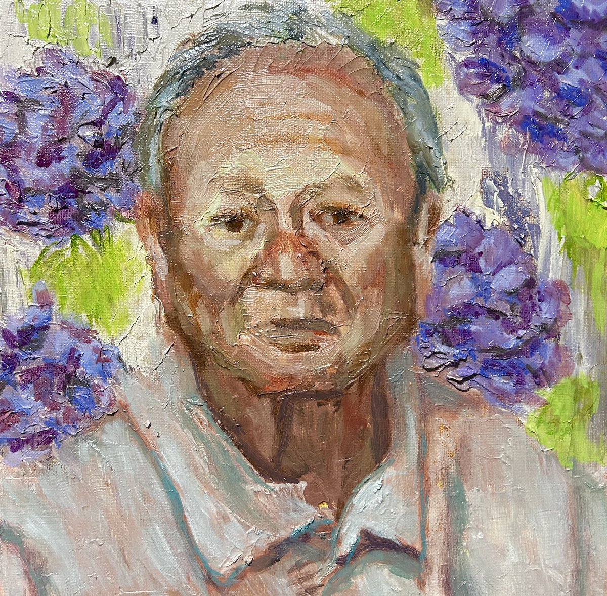 知人からの依頼で描きました。 父の誕生日にプレゼントするそうです。 喜寿ということで紫の花を添えてます。 おめでとうございます。 #ArtistOnTwitter #油絵 #依頼