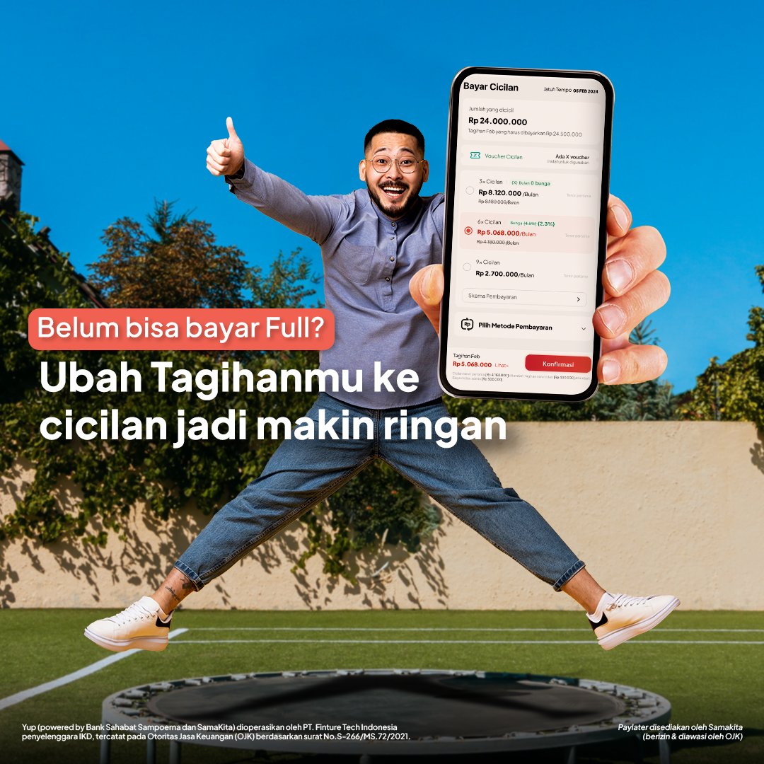 thinkyup_id's tweet image. Belum bisa bayar full dan udah jatuh tempo? Ubah tagihanmu ke cicilan jadi makin ringan 👍

Tenang, Yup pasti pengertian sama Yupers, kok 🧡

Raih #KebebasanPenuh bareng Yup di mana aja dan kapan aja 😍

#Yup #AggregatorForBetterPaylater