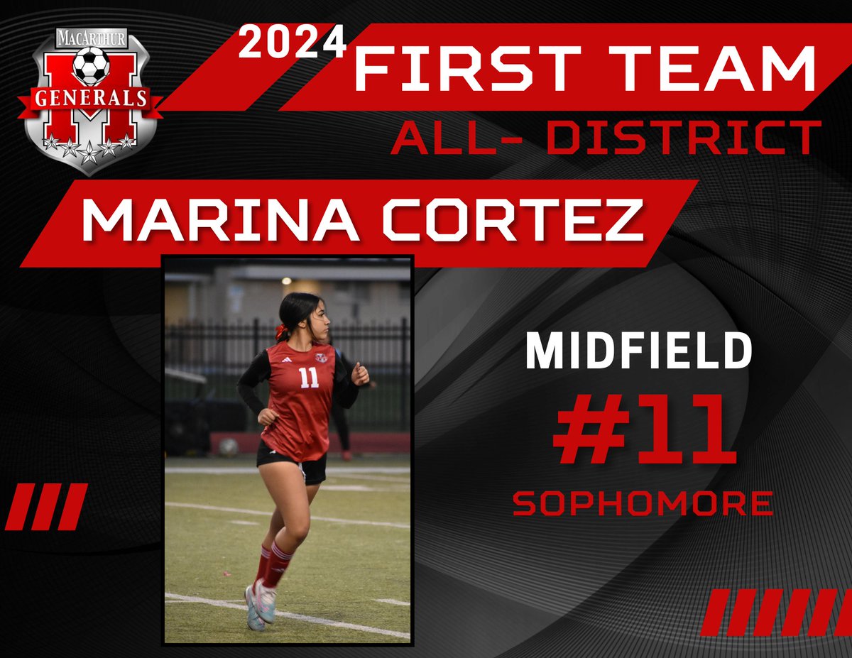 Congratulations 🎉to sophomore Marina Cortez for earning First team All-District. ⚽️Her ability to control the game from the center of the field has been a key factor in our team's success. @MacArthur_AISD @MacGenAthletics @Athletics_AISD #MPND