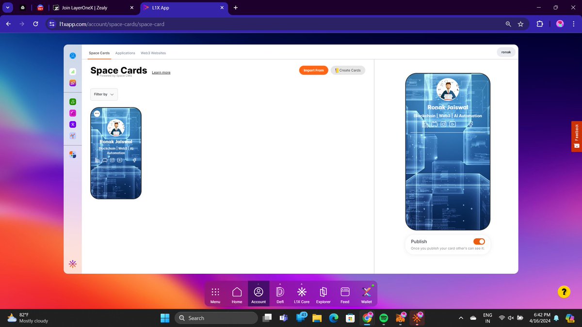 ronak_l1x's tweet photo. 🚀 Dive into the future with the latest L1X App features! Our webinar journeyed through Space Cards, Web3 Username NFTs, and more. Missed it? Catch up here: https://t.co/FtCEMCnX1m Let's revolutionize Web3 interactions together! #L1XApp #Web3 #SpaceCards 🌟
Here is my space card https://t.co/CrERUeKqy6