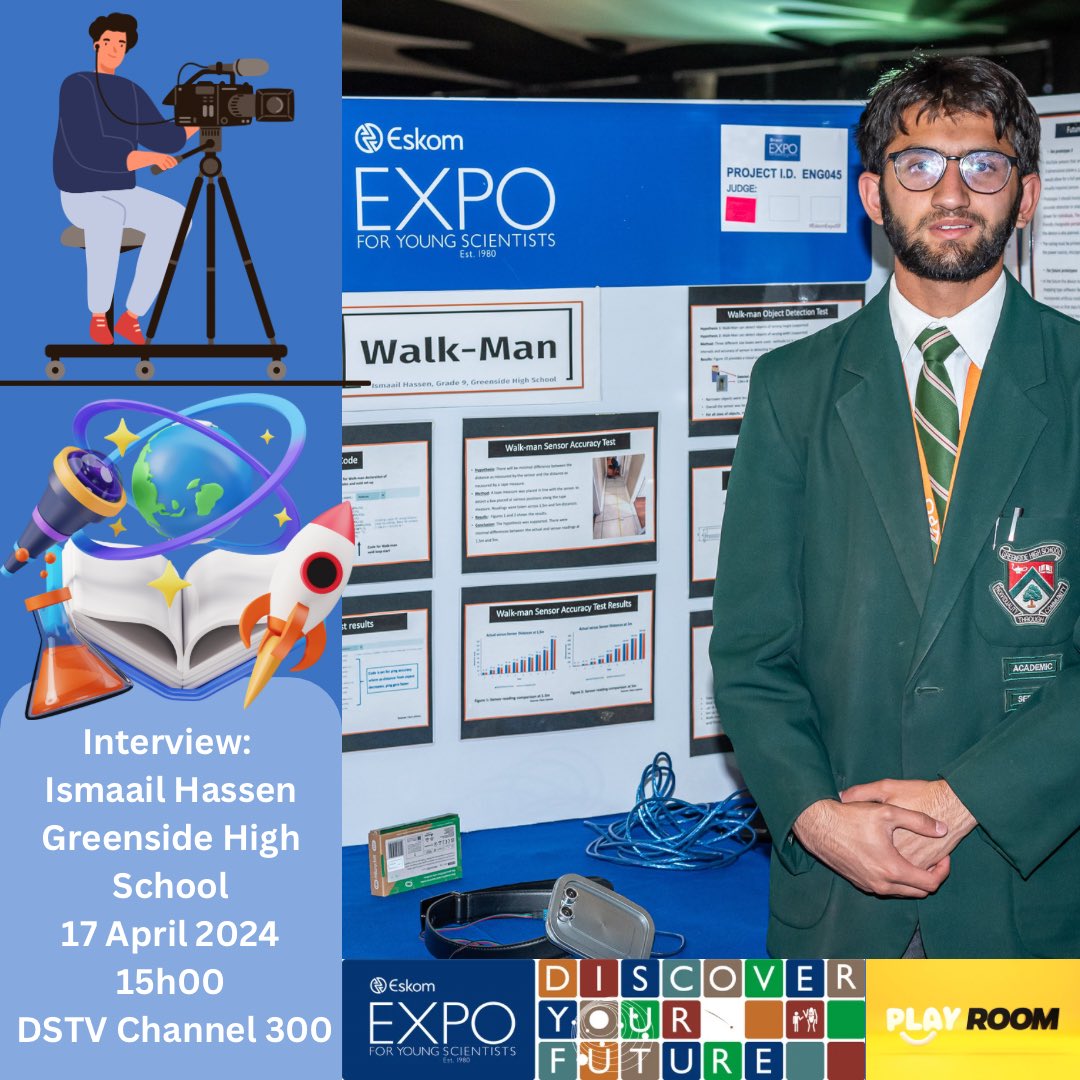 🎙️ Interview Alert! 🎙️ Catch young scientist, Ismaail Hassen from Greenside High School live on The Playroom tomorrow, where he will demonstrate his 2023 Eskom Expo International Science Fair project “Walk-Man”. Don't miss out on this enriching discussion! #Interview #Education…