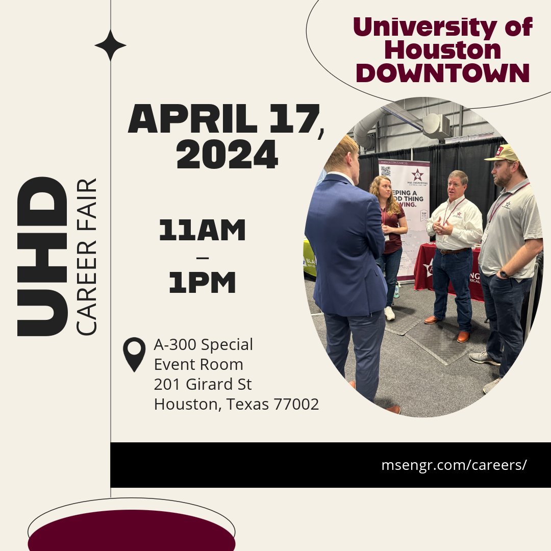 University of Houston Downtown's Career Fair is tomorrow, April 17, from 11am-1pm. We look forward to meeting you!
#careerfair #engineeringcareers #electricalengineering #civilengineering #engineering