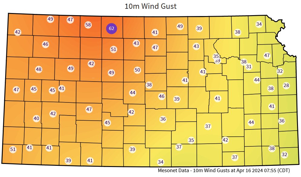 Peak ten meter wind gusts on the Mesonet over the last 24 hours. Strongest gust was a 62mph blow at Phillipsburg! #kswx @NWSHastings