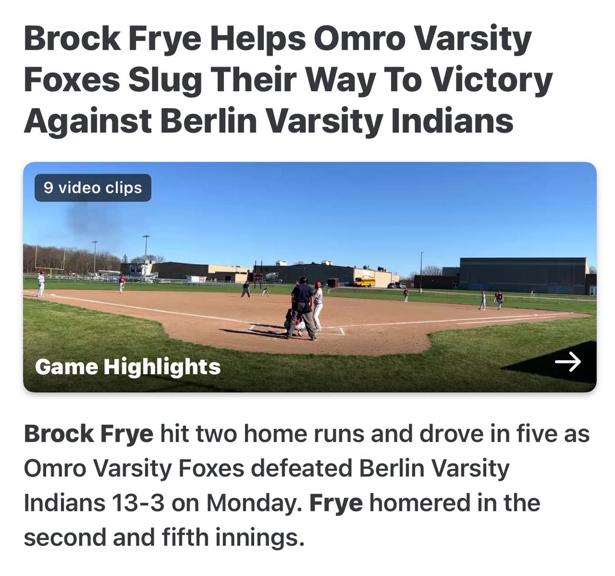 WOWBaseball17U's tweet photo. A HUGE day for our guy, @b_frye455 and the Omro Foxes last night beating Berlin 13-3. 

3-3
2 HR, 2B
5 RBI’s 

Currently batting .500 on the season!

@PrepBaseballWI 
@HVACSPORTS 

@OaklandBSB
@GVSUBaseball
@UAFSLionsBSB
@UWOBaseball
@MKE_Baseball
@RedbirdBaseball
@RazorbackBSB https://t.co/oYrAGwIKTh