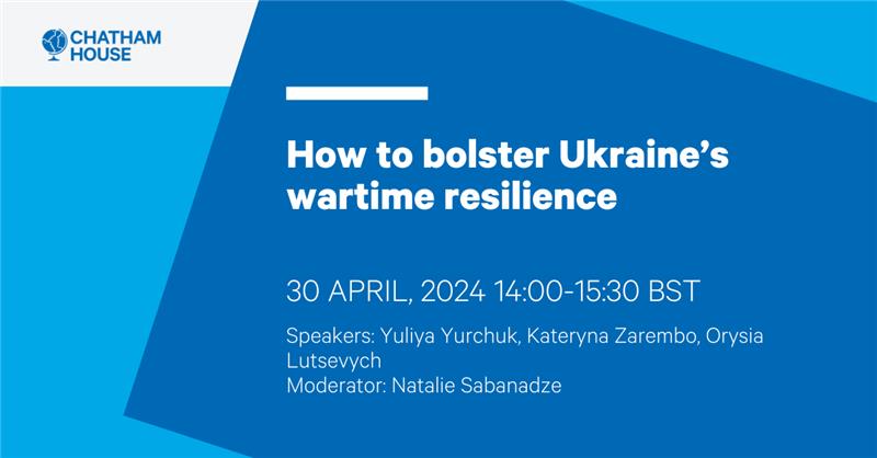 Webinar | How to bolster Ukraine’s wartime resilience| 30 April, 14:00 BST

Panellists:
🔹<a href="/KaterynaZarembo/">Kateryna Zarembo 🇺🇦</a>, <a href="/NEC_Ukraine/">New Europe Center</a>
🔹@YurchukYuliya, <a href="/Mkv_Sodertorn/">MKV | Södertörn University</a>
🔹<a href="/Orysiaua/">Orysia Lutsevych</a>, <a href="/CHUkraineForum/">Ukraine Forum</a>

Moderator: <a href="/natasabanadze/">Natalie Sabanadze</a>, <a href="/ChathamHouse/">Chatham House</a>

Register to attend online:
chathamhouse.org/events/all/res…