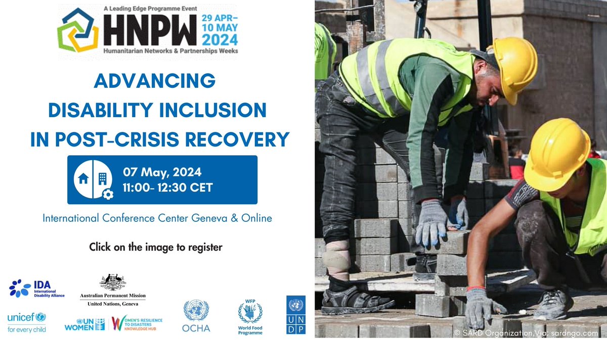 Join us at #HNPW on May 7th to advance Disability Inclusion in Post-Crisis Recovery! 🗣️Discover ✅ success stories ✅ meaningful partnerships ✅ leadership of persons with disabilities Don't miss out! ♿️ t.ly/6A1YQ #DisabilityInclusion #HumanitarianWeek