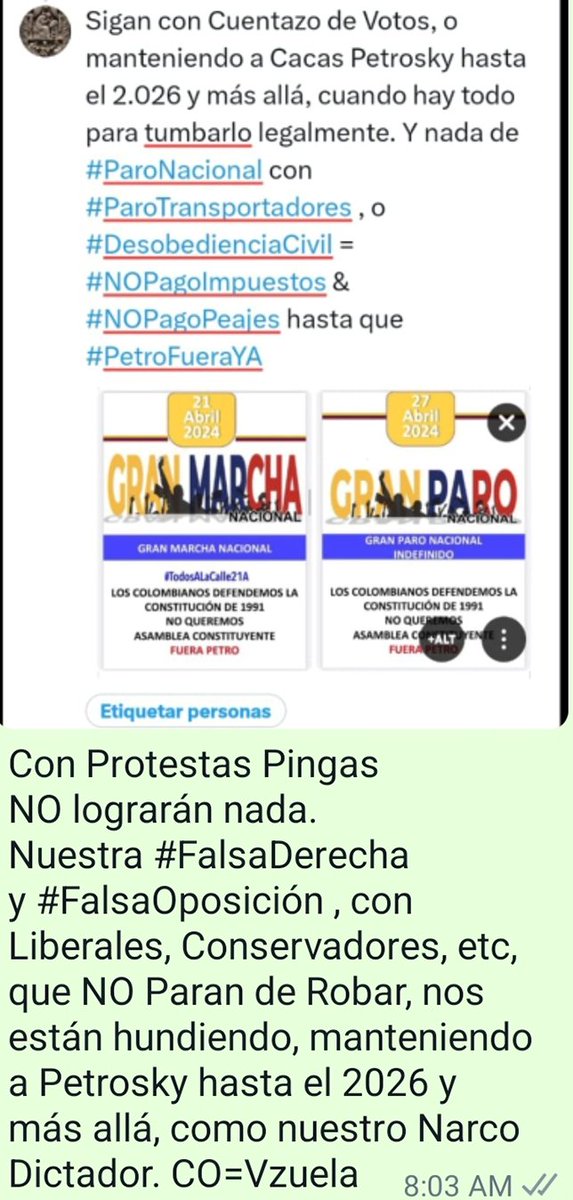 sf_pato's tweet photo. @ojocolombia2026 Jaja, obvio que está preocupado, NO le gusta, pero NO lo tumbará. Debe ser #ProtestaPermanente hasta que #PetroFueraYA https://t.co/DI97ERP8Os