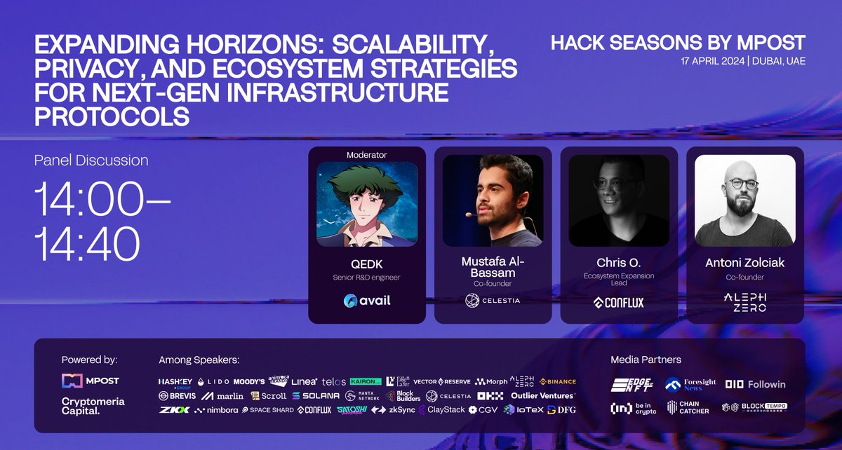 🚀 Introducing our next panel of speakers! Our speakers will be speaking on Expanding Horizons: Scalability, Privacy, and Ecosystem Strategies for Next-Gen Infrastructure Protocols Our esteemed speakers: @qedk_ from @AvailProject @musalbas from @CelestiaOrg @BambaLados from…