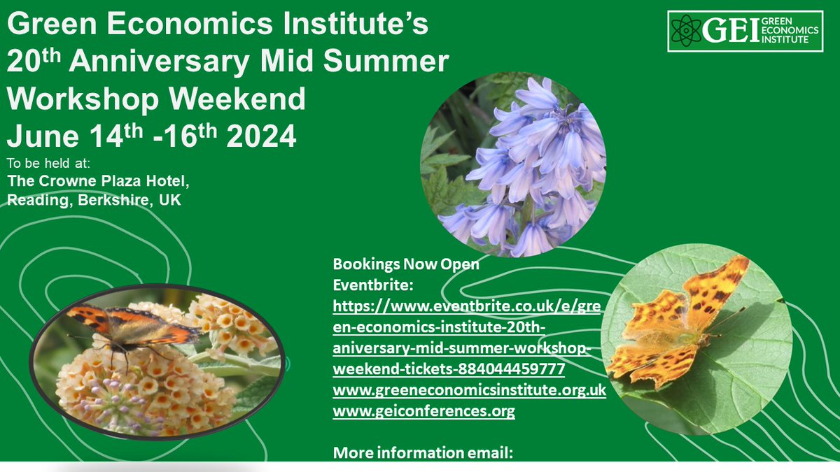 Delighted to launch our midsummer weekend workshop and conference to mark the Green Economics Institute's 20th Anniversary to take place at the Crowne Plaza Hotel in Reading, Berkshire Uk on 15th and 16th June 2024.
Tickets just launched here: eventbrite.co.uk/.../green-econ…...