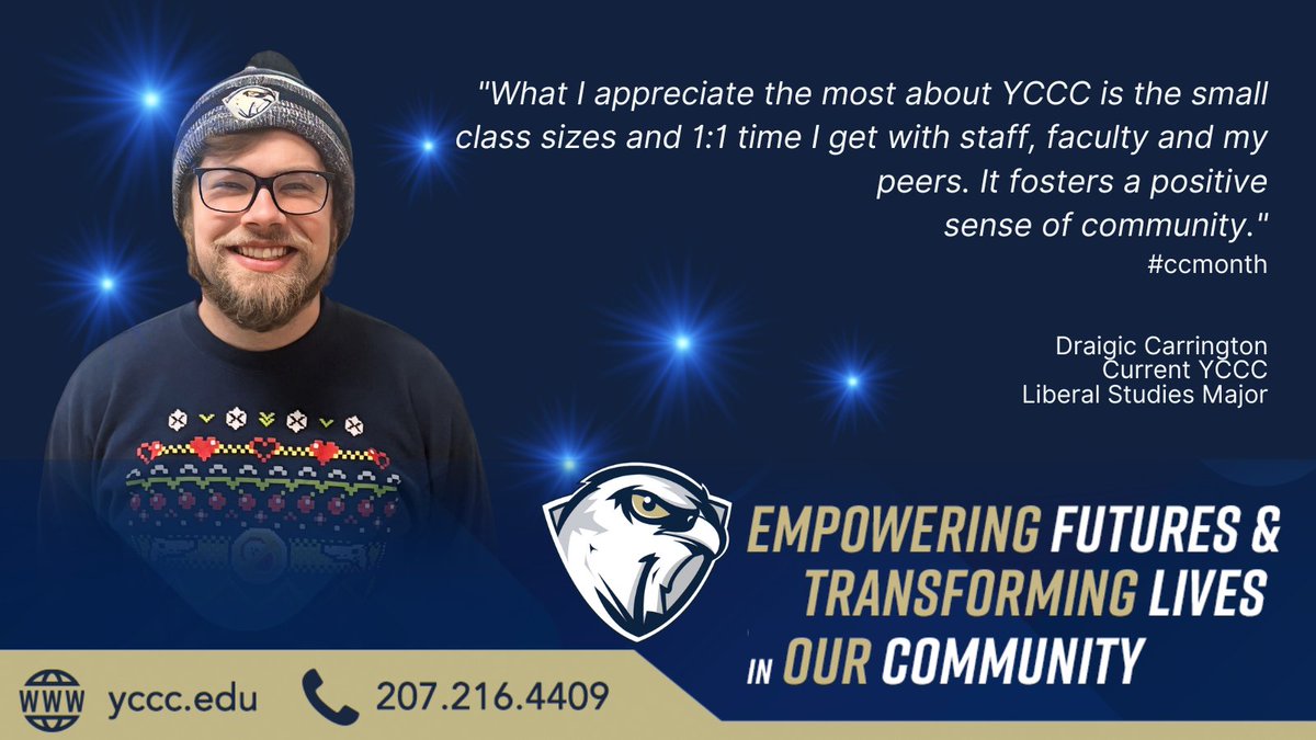 "What I appreciate the most about YCCC is the small class sizes and 1:1 time I get with staff, faculty and my peers. It fosters a positive sense of community." Draigic Carrington, Current YCCC  Liberal Studies Major
#ccmonth