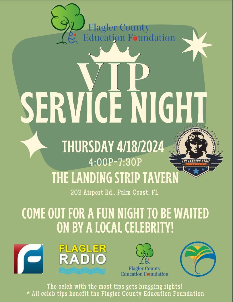 FlaglerEdFound's tweet photo. Join us at The Landing Strip Tavern for a VIP night being served by a few local celebrities! All tips given by celebrities will go to the Flagler County Education Foundation.
The event is happening on April 18th from 4pm to 7:30 pm! See you there.
#makeithappen #localcelebs https://t.co/a9NMnFKze3