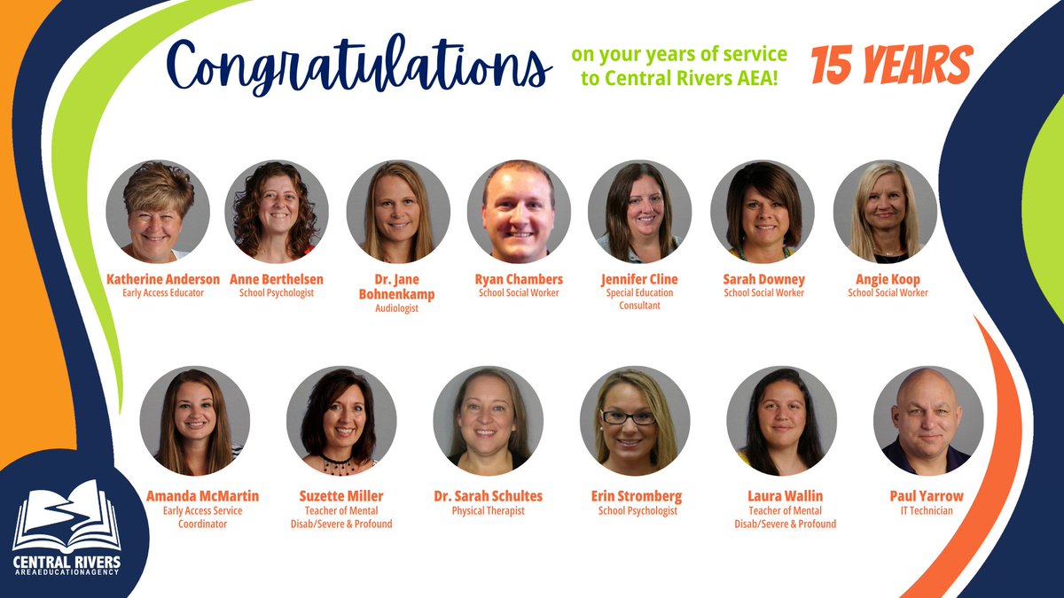 CentralRivers's tweet photo. A special thank you to our group of staff who have served Central Rivers AEA for 15 years! We appreciate all of the care, commitment and expertise toward our students, educators and families in our communities all of these years! 👏🙌 #CRAEA #rockstars #15yearsofservice https://t.co/TrChOC8hPV