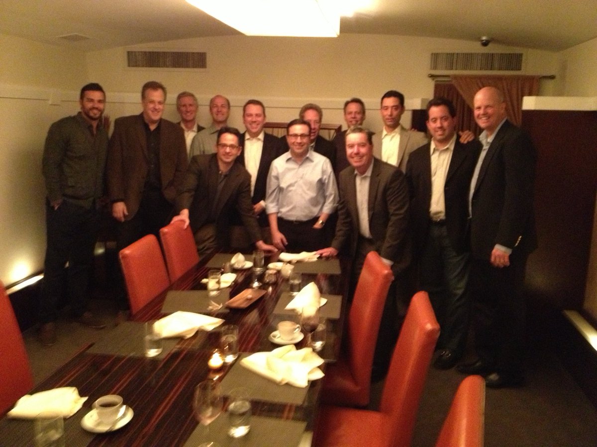 Just after the end of the 2013 baseball season, Mike Breen organized a dinner to bring together PBP broadcasters from every local pro team. John Sterling might be in the “background” here, directly behind Ian Eagle, but he was front and center that night with awesome stories. ❤️