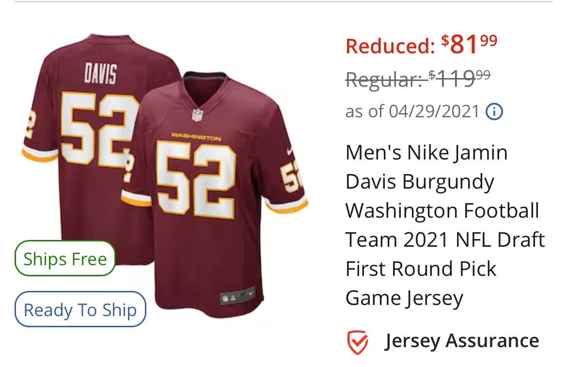 DC_SportsGuy's tweet photo. @JulianSadurTV Who knows but his commanders jersey is still full price and Jamin Davis’ football team jersey is also marked down https://t.co/qzFZbZnF0v