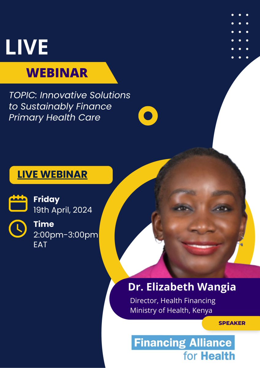 This Friday 19th April, join me and my good friend @lizkusi as we share insights on approaches that different countries are using to sustainably finance #PrimaryHealthCare.

Register here: ttps://bit.ly/4cAsoT3
 
@FinancingAllian, @CHAI_health, @MOH_Kenya