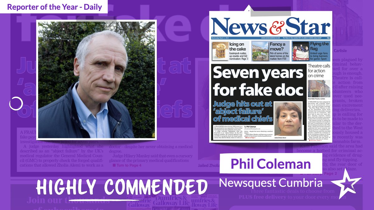 Congratulations to Phil Coleman / @inCarlisle Lucy John / @LucyCJohn1 @WalesOnline on being highly commended in the Reporter of the Year (Daily) category at the #RegionalPressAwards 2024!