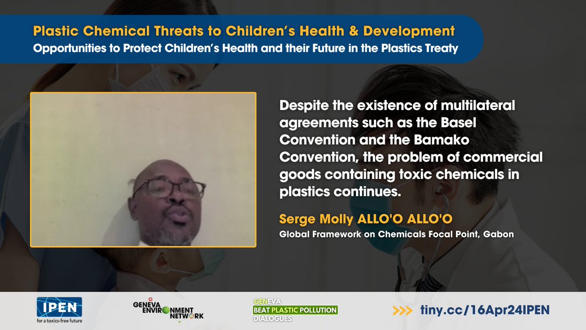 @ToxicsFree @DrMariaNeira @ProjectTENDR @ak_action @HACplastic @IUCN_Plastics @MoENVJo @WHO @NYSCHECK @IpenYouth Opening the session, Serge Molly Allo'o Allo'o of #Gabon underscores the need for a strong #PlasticsTreaty to be able to address not only the impacts of chemicals in #plastics on human #health, but the lack of capacity to reduce plastic production.