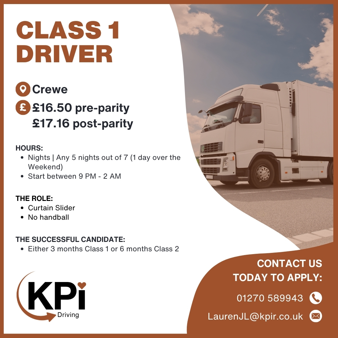 **CLASS 1 DRIVER** Crewe.

Call 01270 589943 or email LaurenJL@kpir.co.uk to apply.

Visit bit.ly/C1DCre to find this job & MORE!

#Class1 #DriverJobs #DrivingJobs #CreweJobs #NantwichJobs #KPIRecruiting