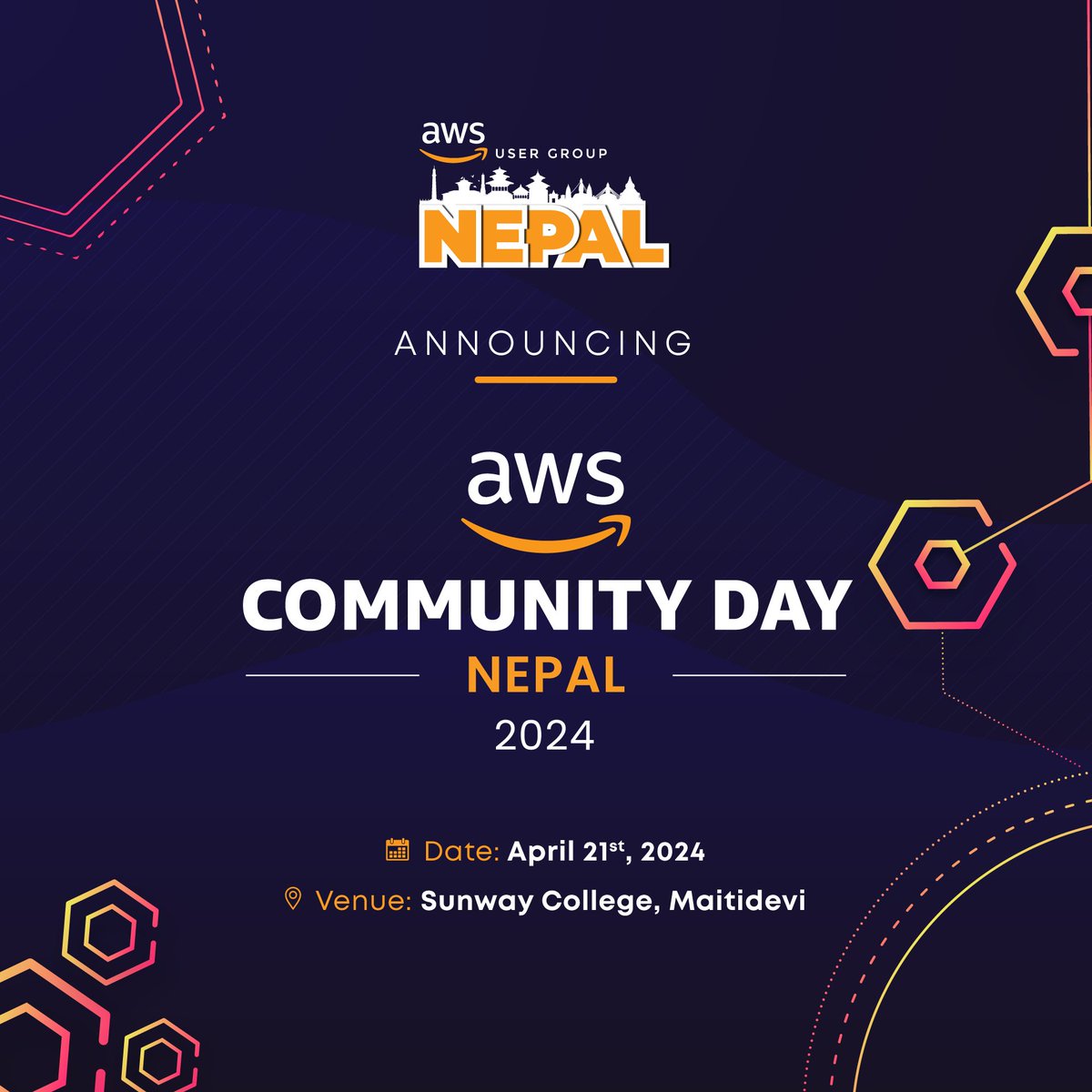 AwsugNepal's tweet photo. Reserve your spot today for AWS Community Day 2024!

Details of the event

📅Date: 21 April, 2024
📍Venue: Sunway College

🔗Register here: https://t.co/cVgCP5gDg0

Note: This form only ensures entry to the AWS Community Day 2024. For merch and snacks, please register via Khalti. https://t.co/UYRKaZgjKv