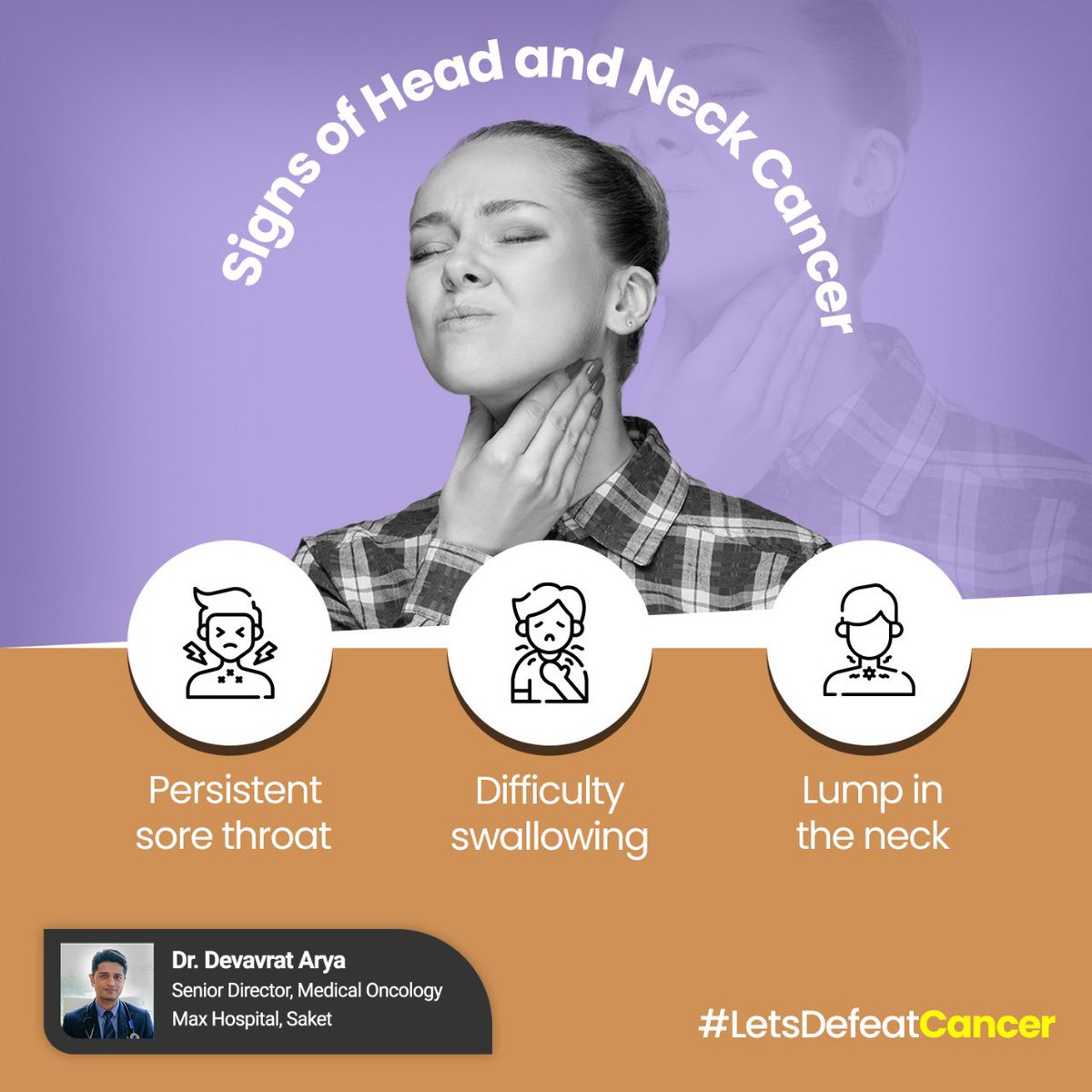 Knowing the signs and symptoms of head and neck cancer can lead to early diagnosis and better outcomes. If you experience any of these symptoms, consult a doctor.

#KnowTheSigns #EarlyDiagnosis #cancersign #neckcancer #LetsDefeatCancer #DrDevavratArya #endcancer