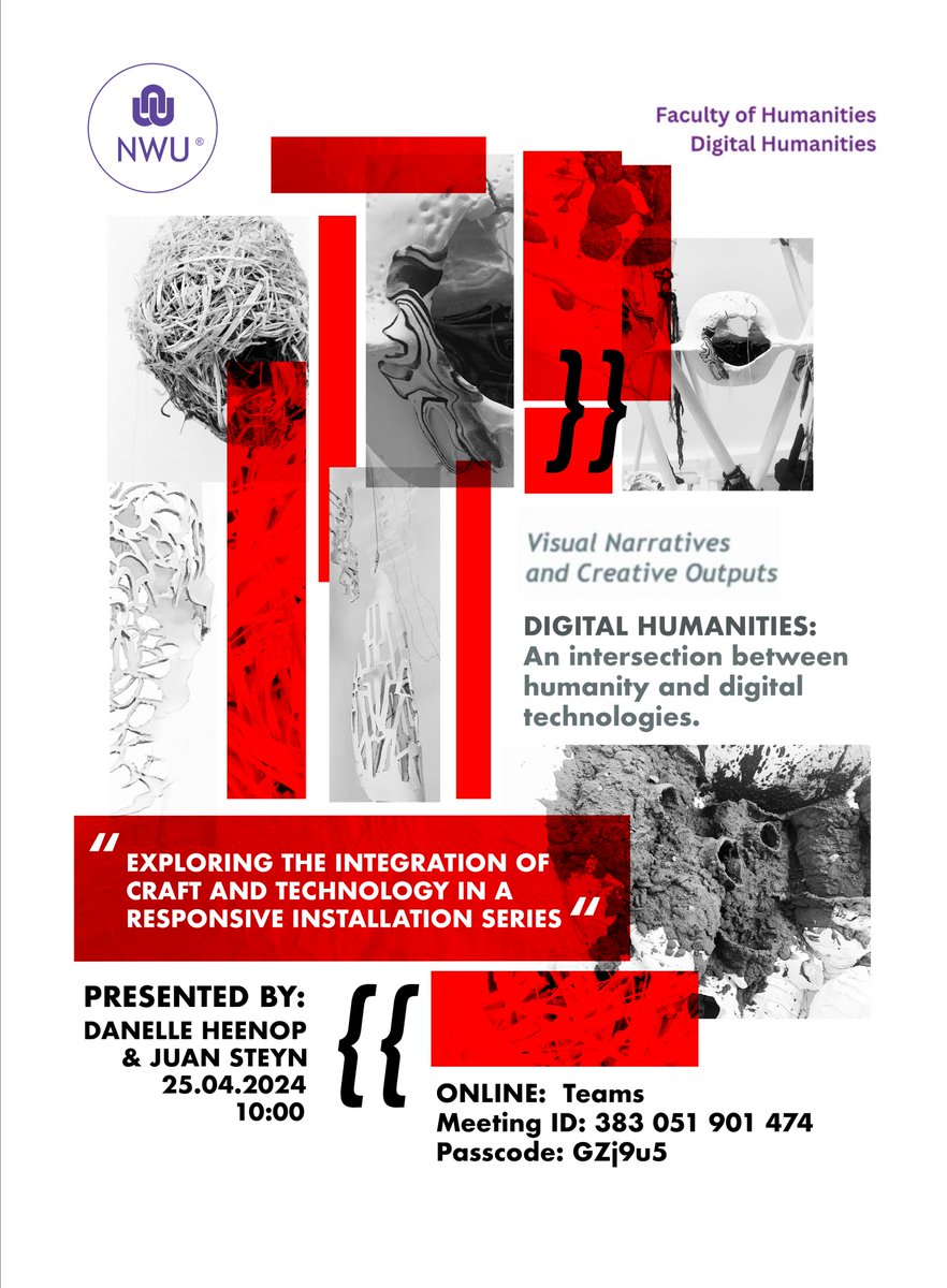 Exploring the integration of craft and technology in a responsive installation series presented by Danelle Heenop &amp; Juan Steyn.

Details on the poster.

#NWUGallery #digitalhumanities