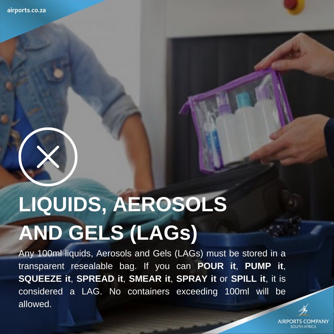 #TravelTip LAGS restrictions only apply on international and regional flights. Liquids, aerosols and gels must not exceed 100ml each, up to one litre and stored in a re-sealable transparent plastic bag. #ACSAllence