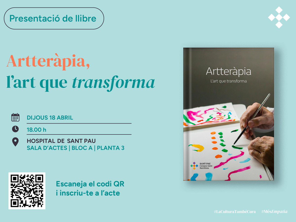 📍Presentació del llibre “Artteràpia, l’art que transforma” 

📕 15 testimonis inspiradors sobre l’artteràpia al final de la vida 

✔️ Dijous 18 d’abril
✔️ A les 18 hores 

Sala d’actes <a href="/HospitalSantPau/">Sant Pau - Campus Salut Barcelona</a> (Bloc A | Planta 3) 

📲 Inscriu-te! 
tuit.cat/oD9yy