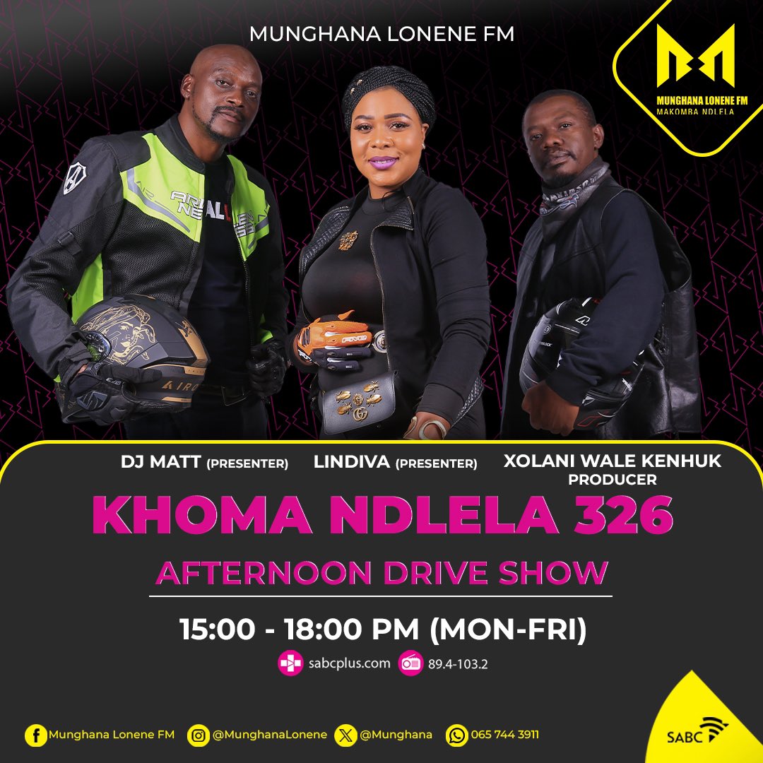KhomaNdlela326's tweet photo. Khomandlela326
⏲️15:00 - 18:00
📻89.4-103.4 MHz
📺Dstv Ch 810
SABC➕https://t.co/pBlUzZDrFZ
☎️ 0860002543
📱 0657443911
💻Stream |https://t.co/Rx4mLcdsLg
#DriveYaMshesho #59NaMunghana https://t.co/6mVKji5sle