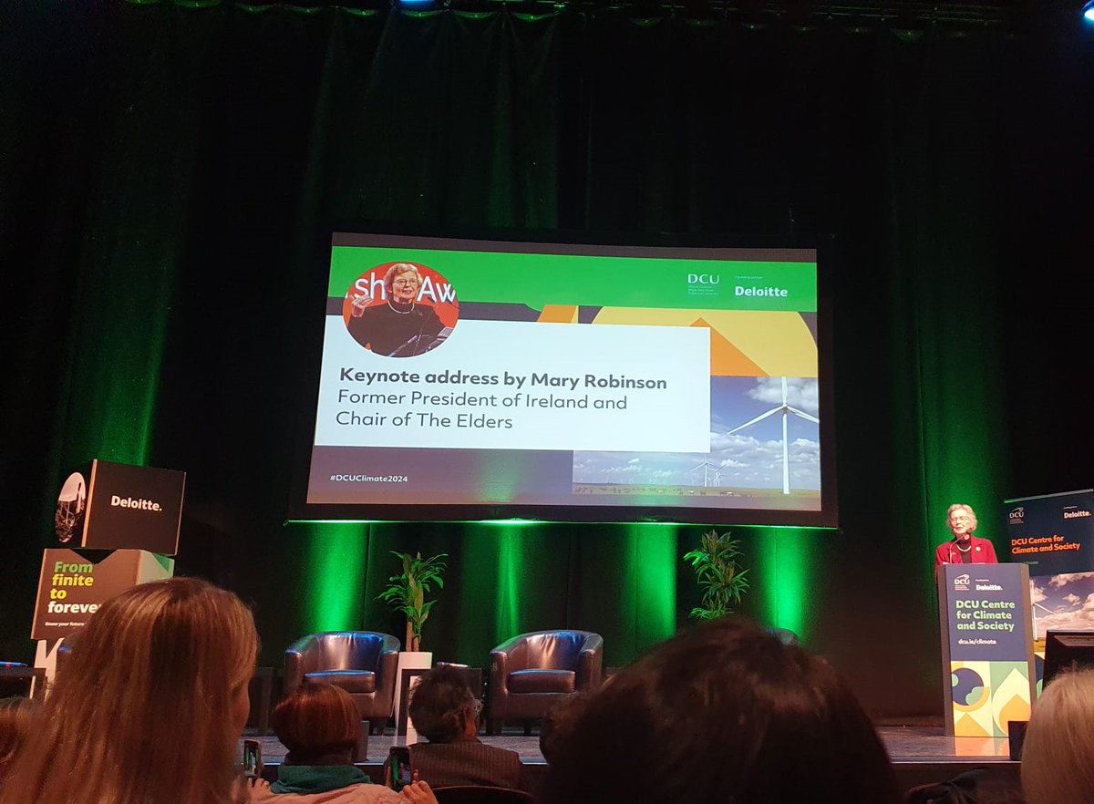 Great to attend the @DCUClimate conference on the theme of climate justice across generations. In her keynote address, Mary Robinson said we are on the cusp of a clean energy, safer, fairer world, but we're not moving fast enough - we need connection to get there #DCUClimate2024