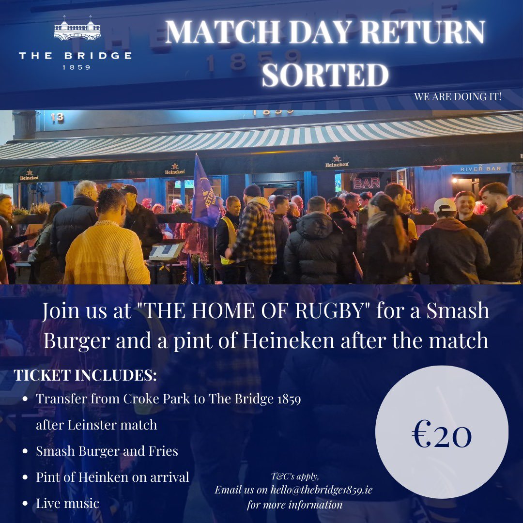 🚌 WE ARE DOING IT! Due to overwhelming response, we are organising a bus from Croke Park to The Bridge 1859. Sales start tomorrow Wednesday April 17th In order to purchase your ticket email us on hello@thebridge1859.ie ! Limited number of tickets available! #HomeOfRugby