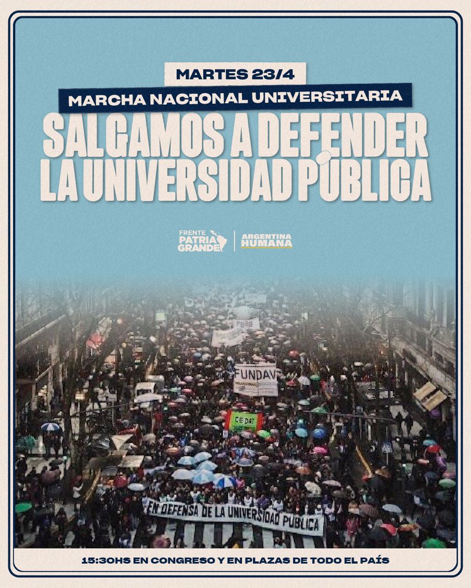 Este 23 de abril tenemos que ser miles en todo el país defendiendo la universidad pública y la ciencia. Nuestras universidades son un orgullo y no vamos a permitir que este gobierno las destruya. #MarchaNacionalUniversitaria