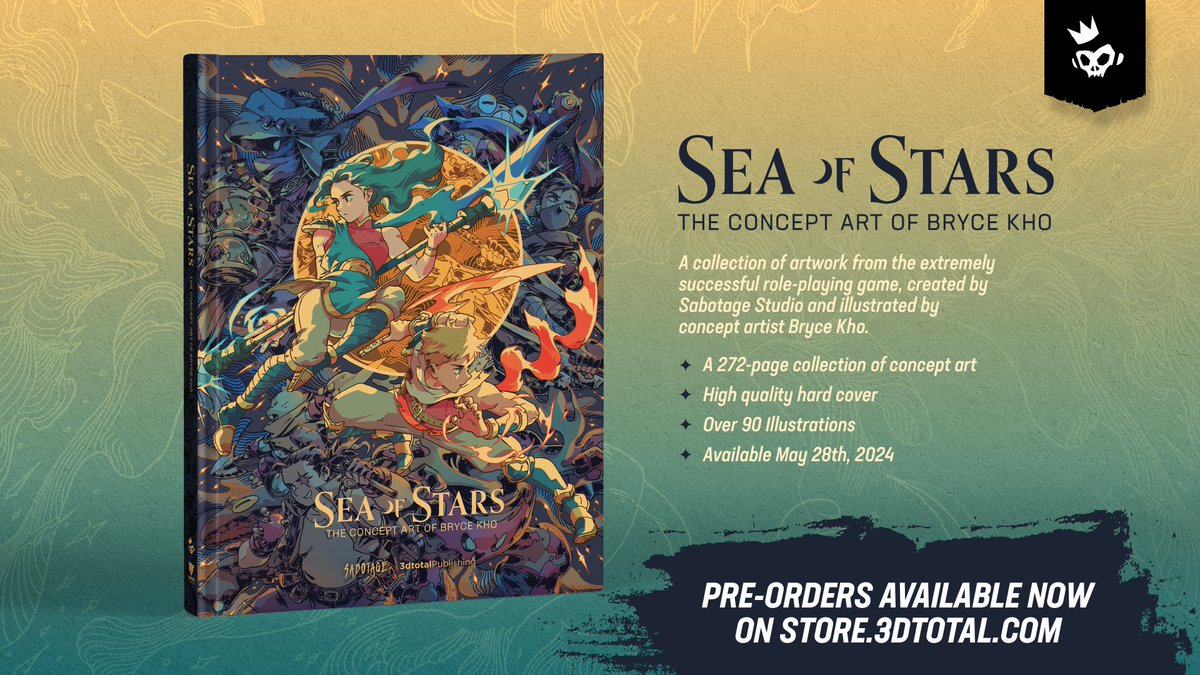 The Art Book is almost here! Sea of Stars: The Concept Art of Bryce Kho is a 272-pages collection of concept art from the game. Discover the creative process behind over 90 illustrations from @brycekhodraws 🖌️ Pre-orders available now on @3dtotal: rebrand.ly/Sea_of_Stars